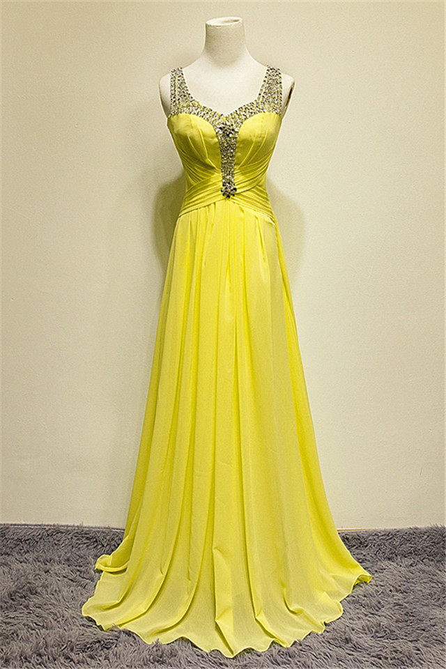 A-line Sleeveless Sweep / Brush Train 100D Chiffon Evening Gown With Crystal 1