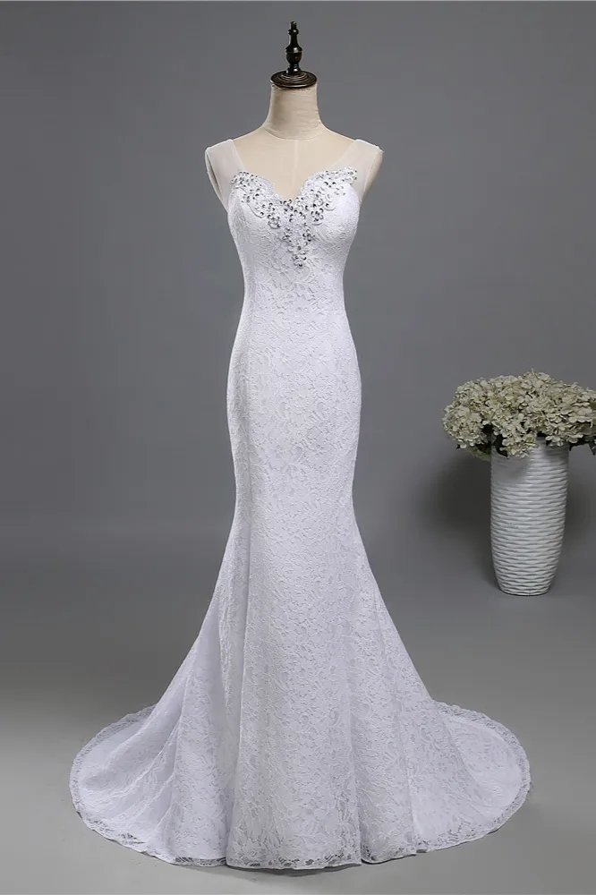 Mermaid Straps Floor-length Tulle Wedding Dress With Lace 1