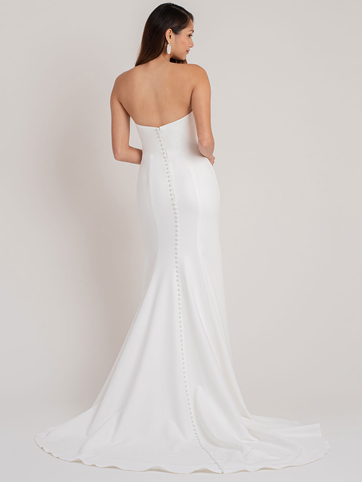 Column Strapless Sleeveless Chapel Train Wedding Gown With Buttons 3
