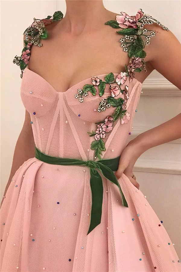 A-line Straps Sweetheart Neck Sleeveless Floor-length Tulle Cocktail Party Dress With Pearls 2