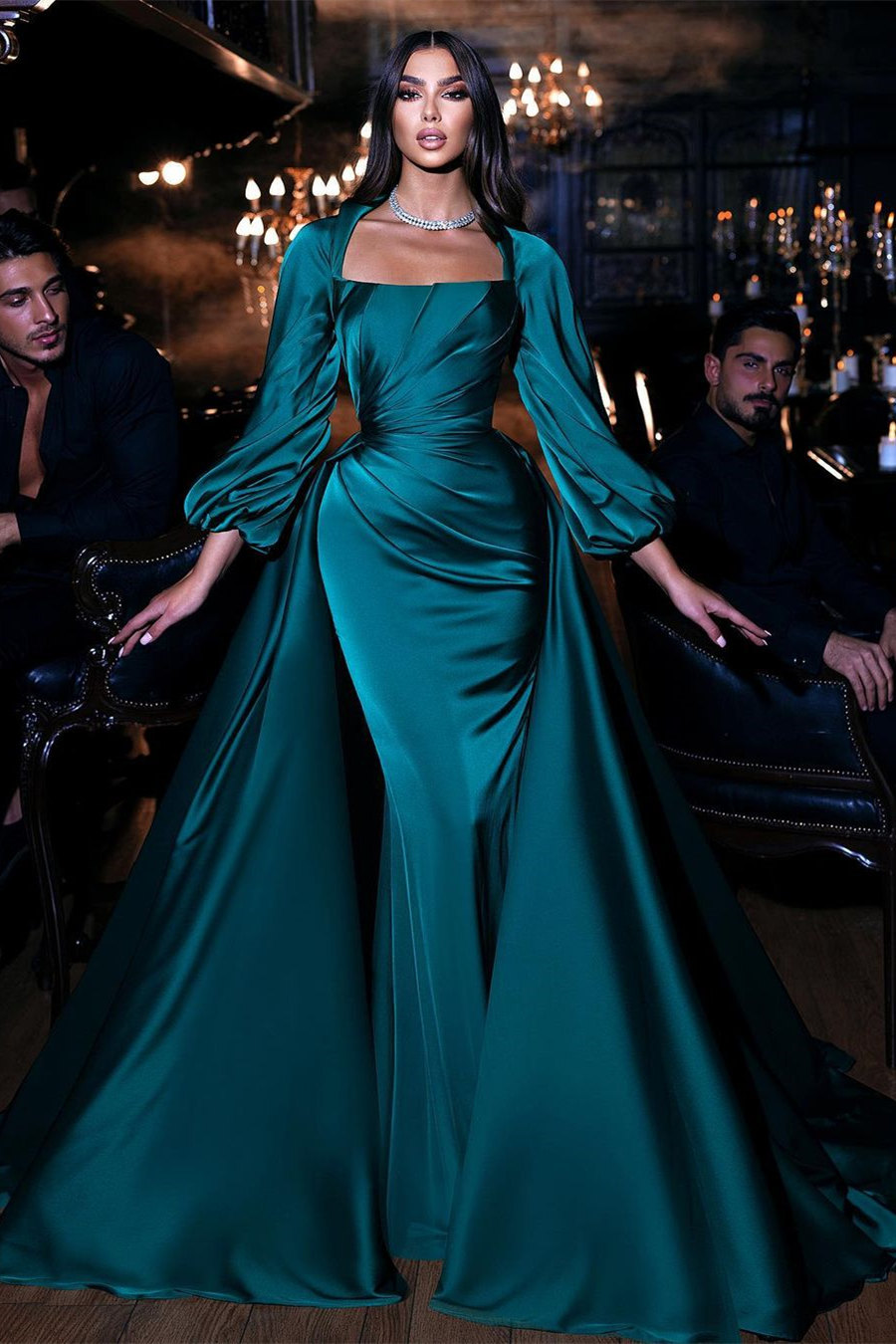 Column Square Neck Long Sleeves Floor-length Satin Evening Gown With Sweep / Brush Train 1