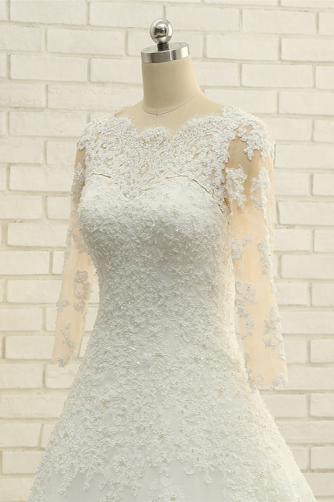 A-line Jewel Neck Half-Sleeves Court Train Wedding Gown With Lace 5