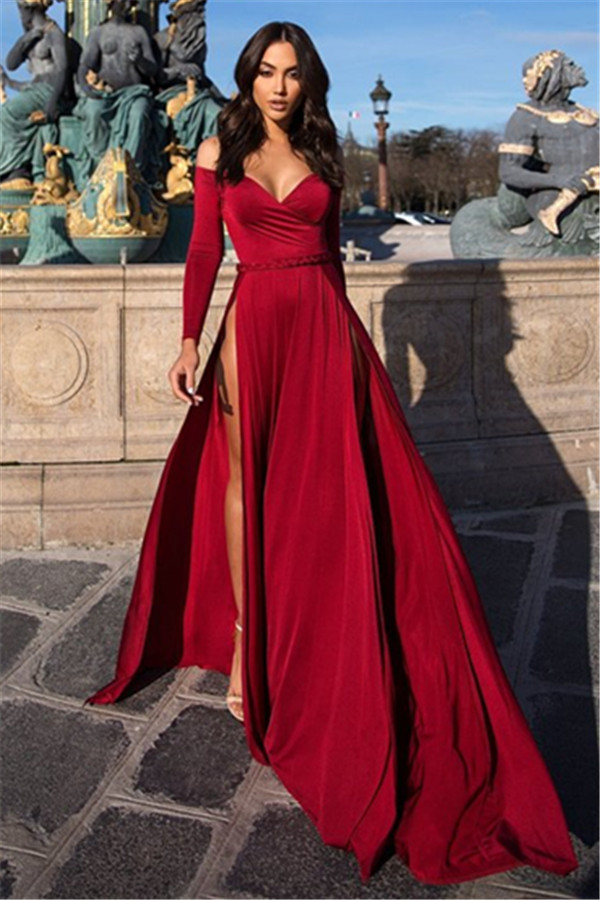A-line Off-the-shoulder V-neck Long Sleeves 100D Chiffon Formal Wear With Split Front 3