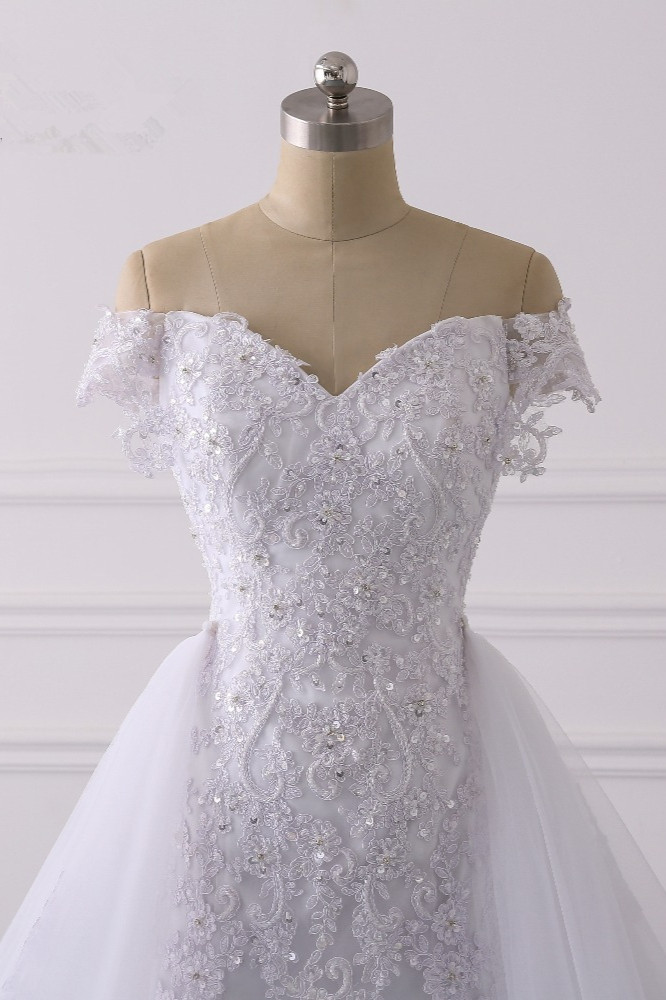 A-line Off-the-shoulder Sweetheart Neck Short Sleeves Floor-length Tulle Wedding Gown With Appliques 5