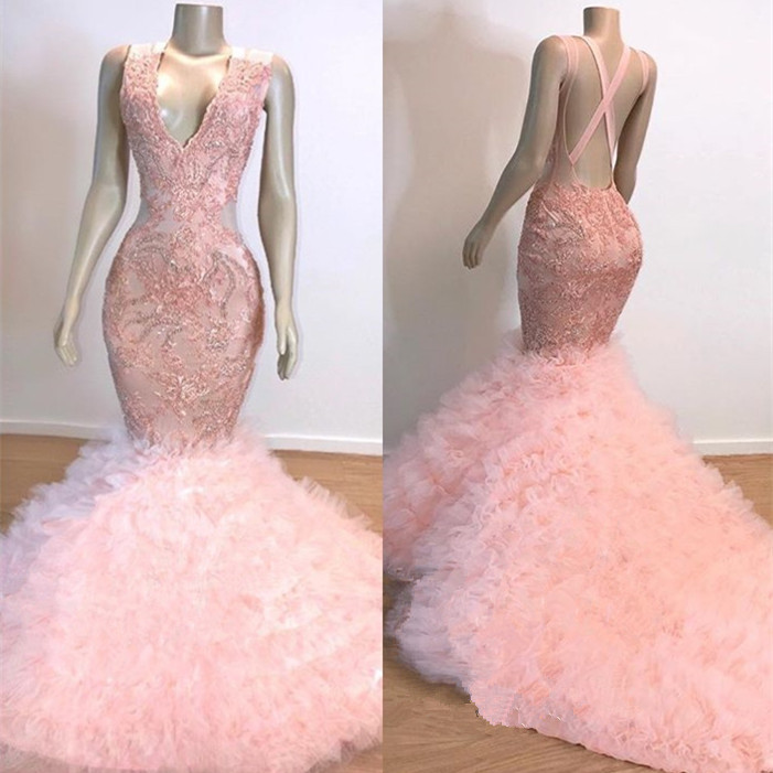 Mermaid V-neck Sleeveless Sweep / Brush Train Formal Dress With Lace 2