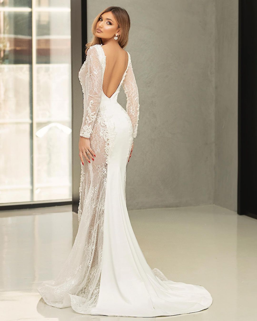 Mermaid Plunging Neckline Long Sleeves Court Train Satin Bridal Gown With Lace 2