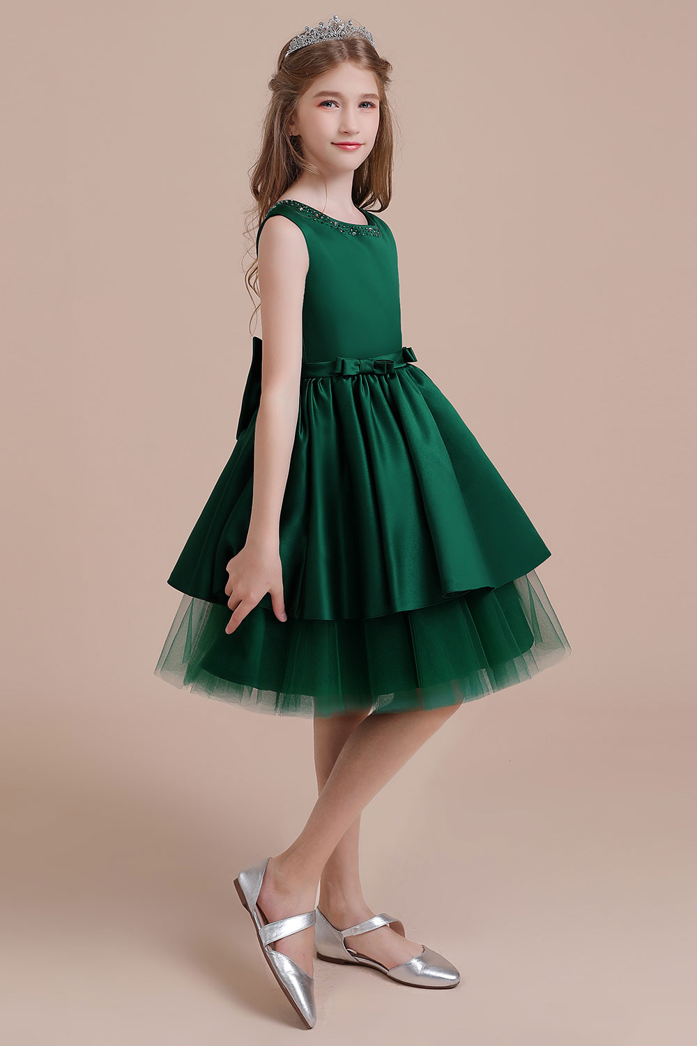 A-line Jewel Neck Sleeveless Knee-length Satin Flower Girl Dress With Bow 3