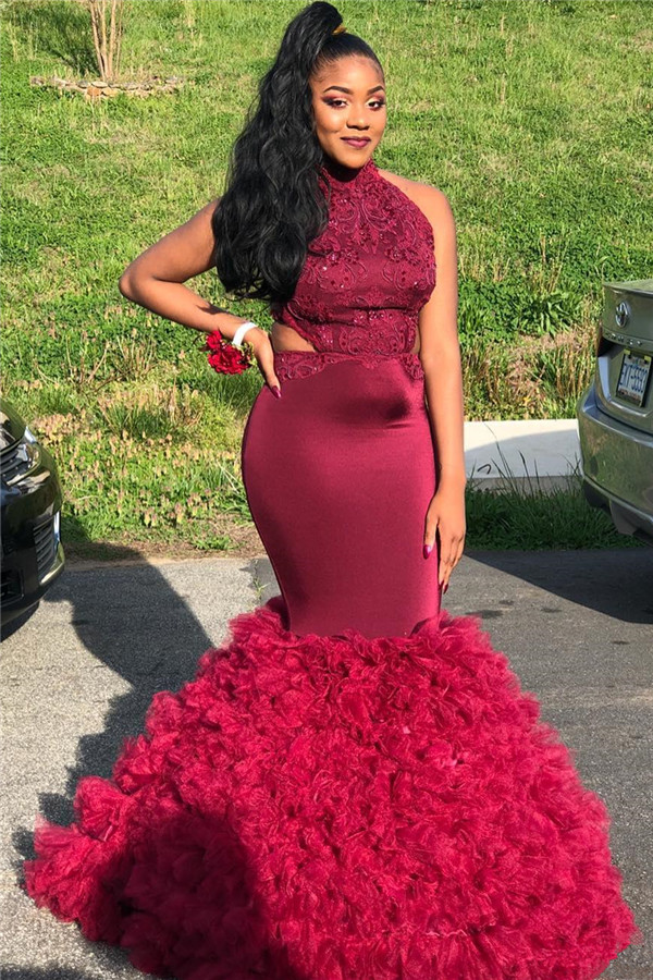 Mermaid Halter-neck Sleeveless Sweep / Brush Train Tulle Evening Dress With Beading 2