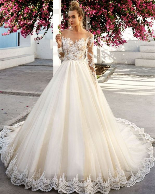 A-line Off-the-shoulder Long Sleeves Floor-length Tulle Bridal Dress With Appliques 2