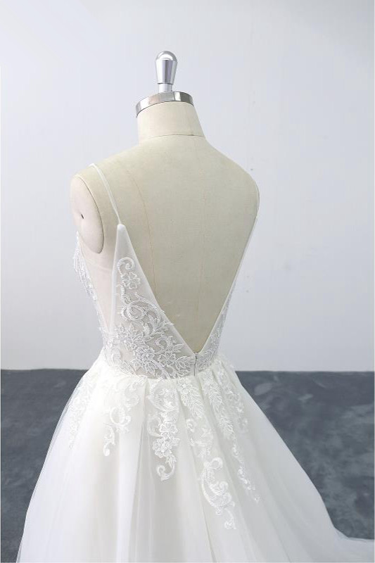 A-line Spaghetti Straps V-neck Sleeveless Floor-length Tulle Wedding Dress With Appliques 6