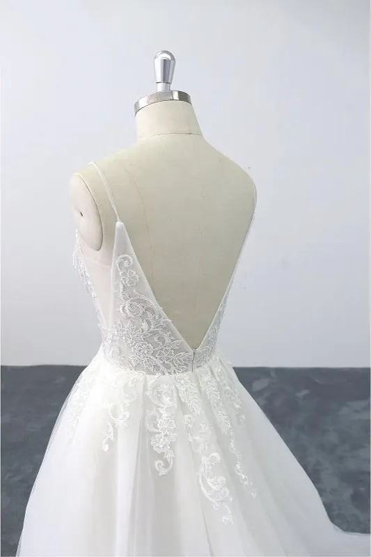 A-line Spaghetti Straps V-neck Sleeveless Floor-length Tulle Wedding Dress With Appliques 6