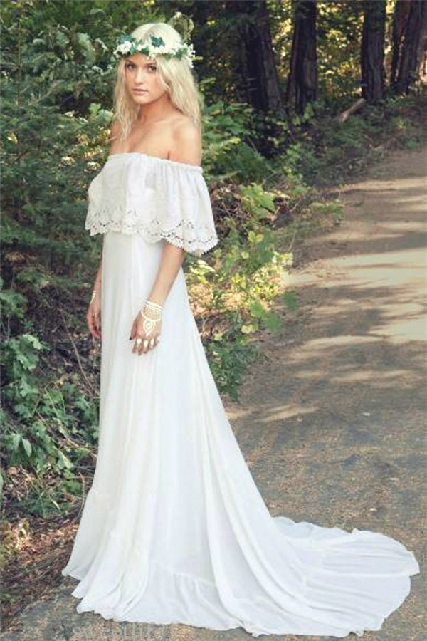 A-line Off-the-shoulder Court Train 100D Chiffon Wedding Dress With Lace 1