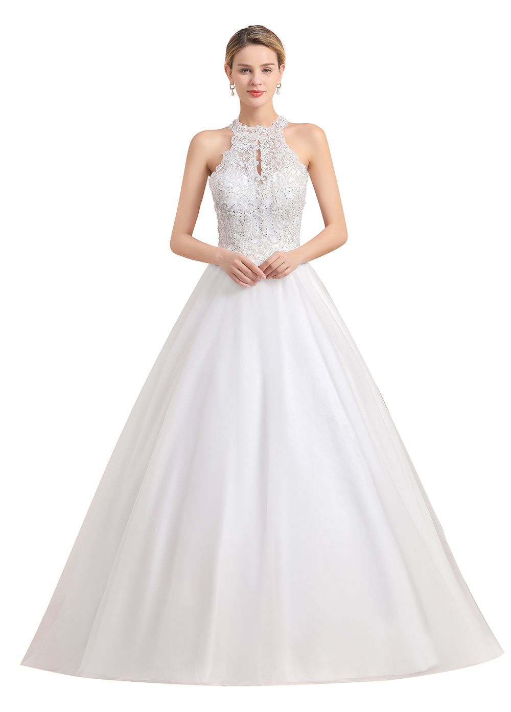 Halter-neck Sleeveless Sweep / Brush Train Tulle Wedding Gown With Lace 3