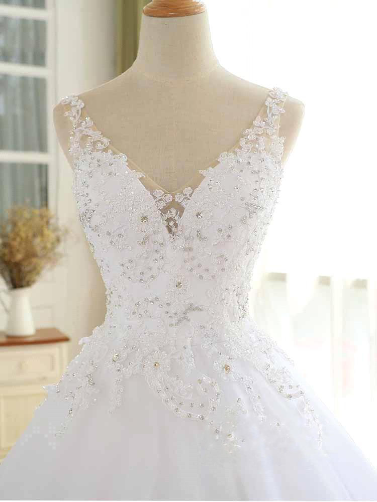 A-line V-neck Sleeveless Sweep / Brush Train Lace Bridal Gown With Appliques 5