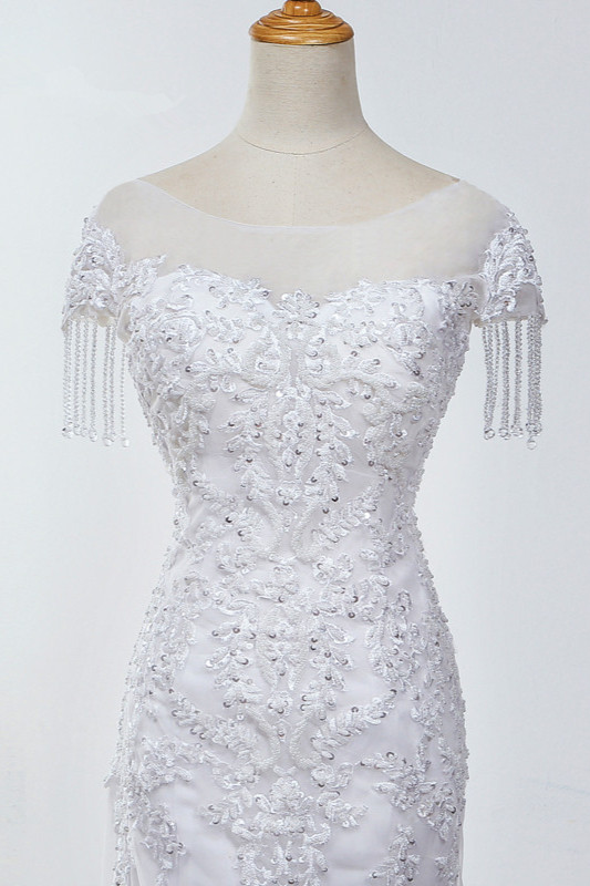 Mermaid Jewel Neck Sleeveless Floor-length Tulle Bridal Gown With Appliques 6