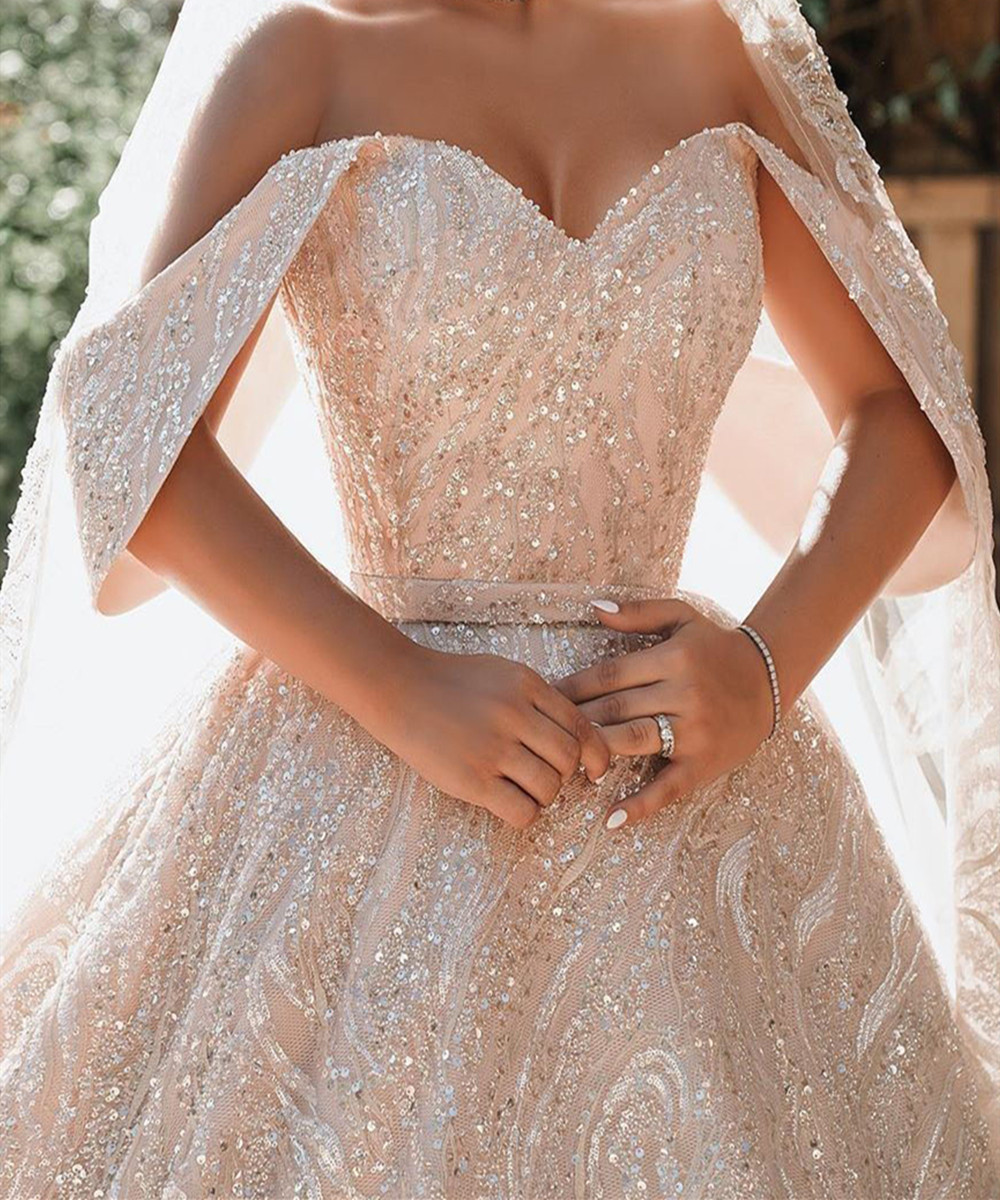 Ball Gown Off-the-shoulder Cap Sleeves Sweep / Brush Train Satin Wedding Gown With Ruffles 4