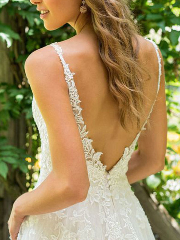 A-line V-neck Sleeveless Floor-length Bridal Gown With Court Train 4