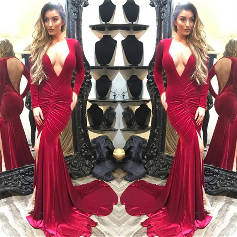 Long Sleeve  V-neck Burgundy Velvet Evening Dress with Open Back 2