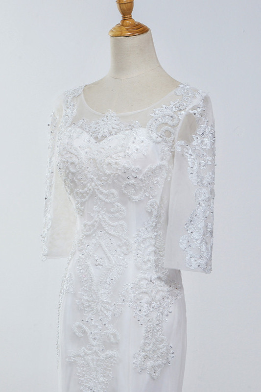 Mermaid Jewel Neck 3/4-Length Sleeves Floor-length Tulle Bridal Dress With Beading 6