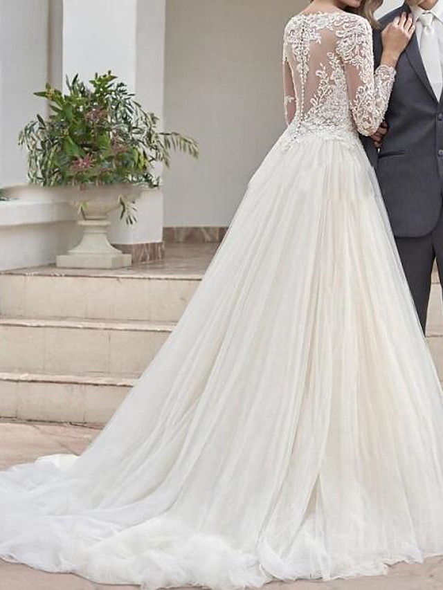 A-line Long Sleeves Sweep / Brush Train Tulle Wedding Gown With Buttons 2