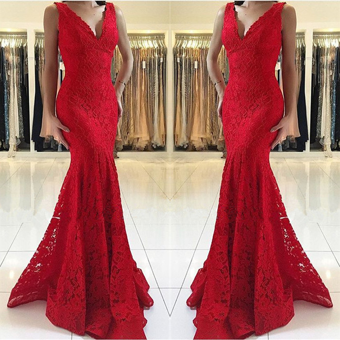 A-line V-neck Sleeveless Floor-length Evening Dress With Lace 3