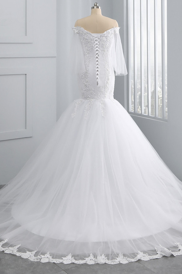 Mermaid Strapless Off-the-shoulder Sweetheart Neck 3/4-Length Sleeves Floor-length Tulle Bridal Attire With Appliques 2