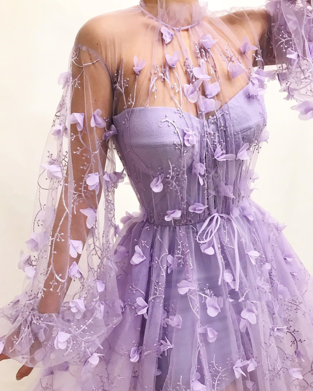 A-line High Neck Long Sleeves Floor-length Tulle Formal Dress With Flower(s) 2