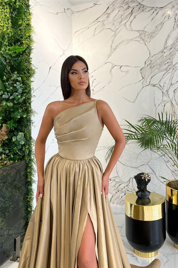 A-line One Shoulder Sleeveless Floor-length Stretch Satin Evening Gown With Ruffles 5