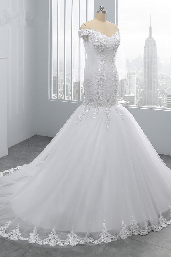 Mermaid Strapless Off-the-shoulder Sweetheart Neck 3/4-Length Sleeves Floor-length Tulle Bridal Attire With Appliques 3