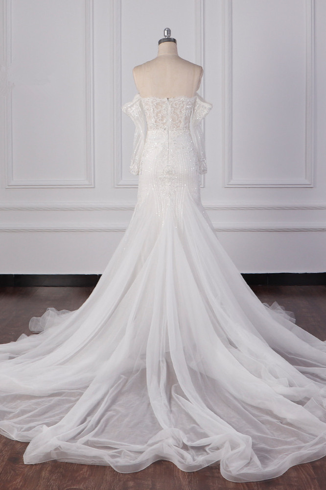 Mermaid Strapless Long Sleeves Floor-length Tulle Wedding Dress With Lace 2