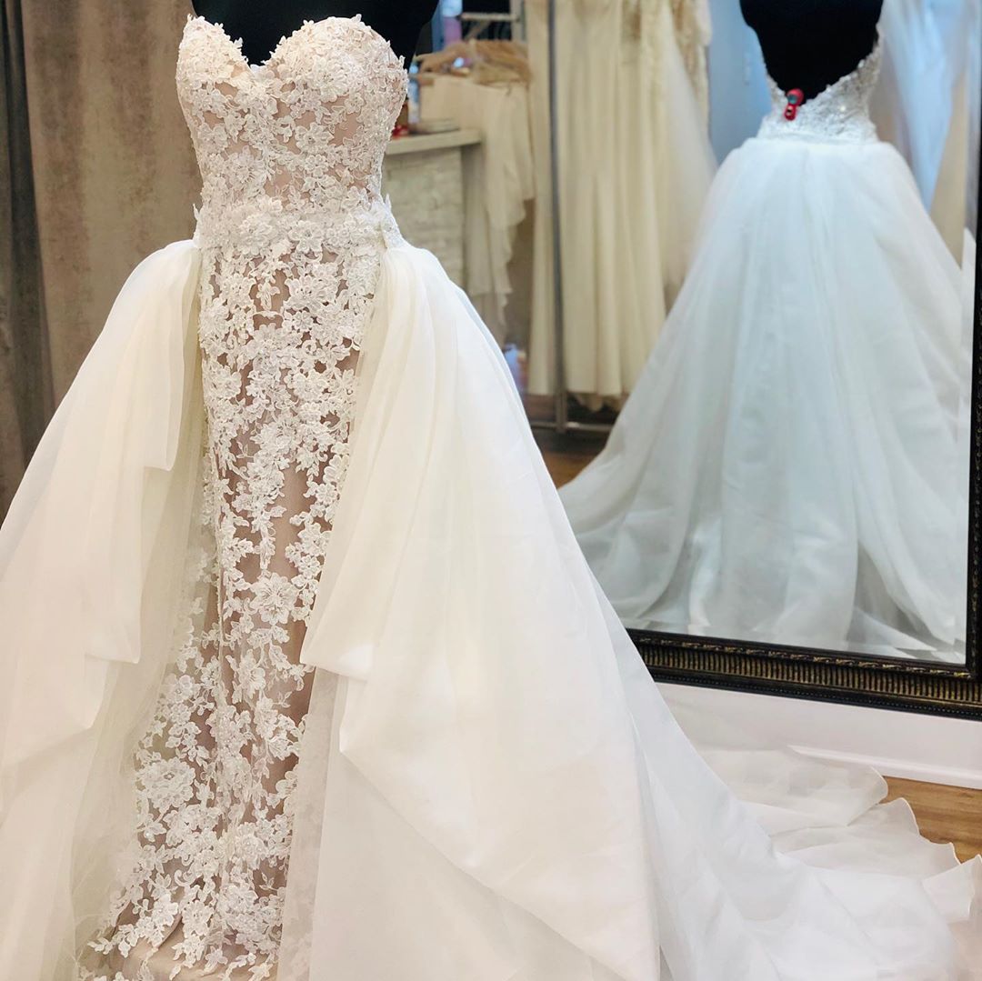 Column Strapless Sweetheart Neck Detachable Train Tulle Bridal Gown With Lace 3