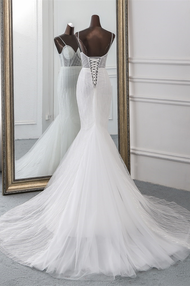Mermaid Spaghetti Straps V-neck Sleeveless Floor-length Tulle Bridal Dress With Beading 2