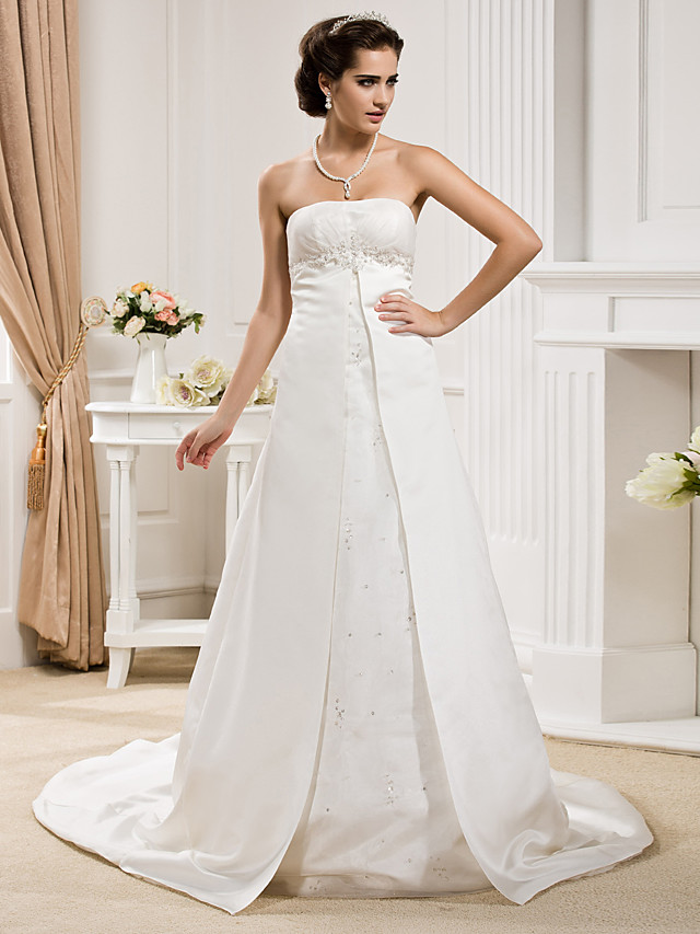 A-line Strapless Sleeveless Court Train Lace Bridal Gown With Lace 7