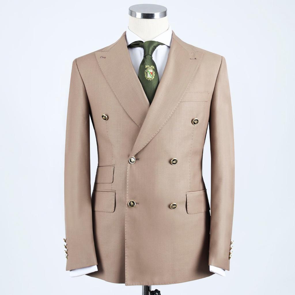 Khaki Double Breasted Peaked Lapel Business Men Suit 3