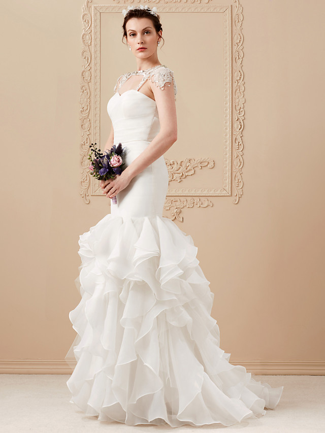 Mermaid Sweetheart Neck Cap Sleeves Sweep / Brush Train Organza Bridal Dress With Buttons 8