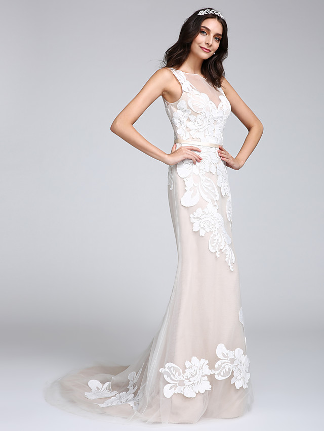 Mermaid Straps Bateau Neck Sweep / Brush Train Tulle Wedding Gown With Buttons 4