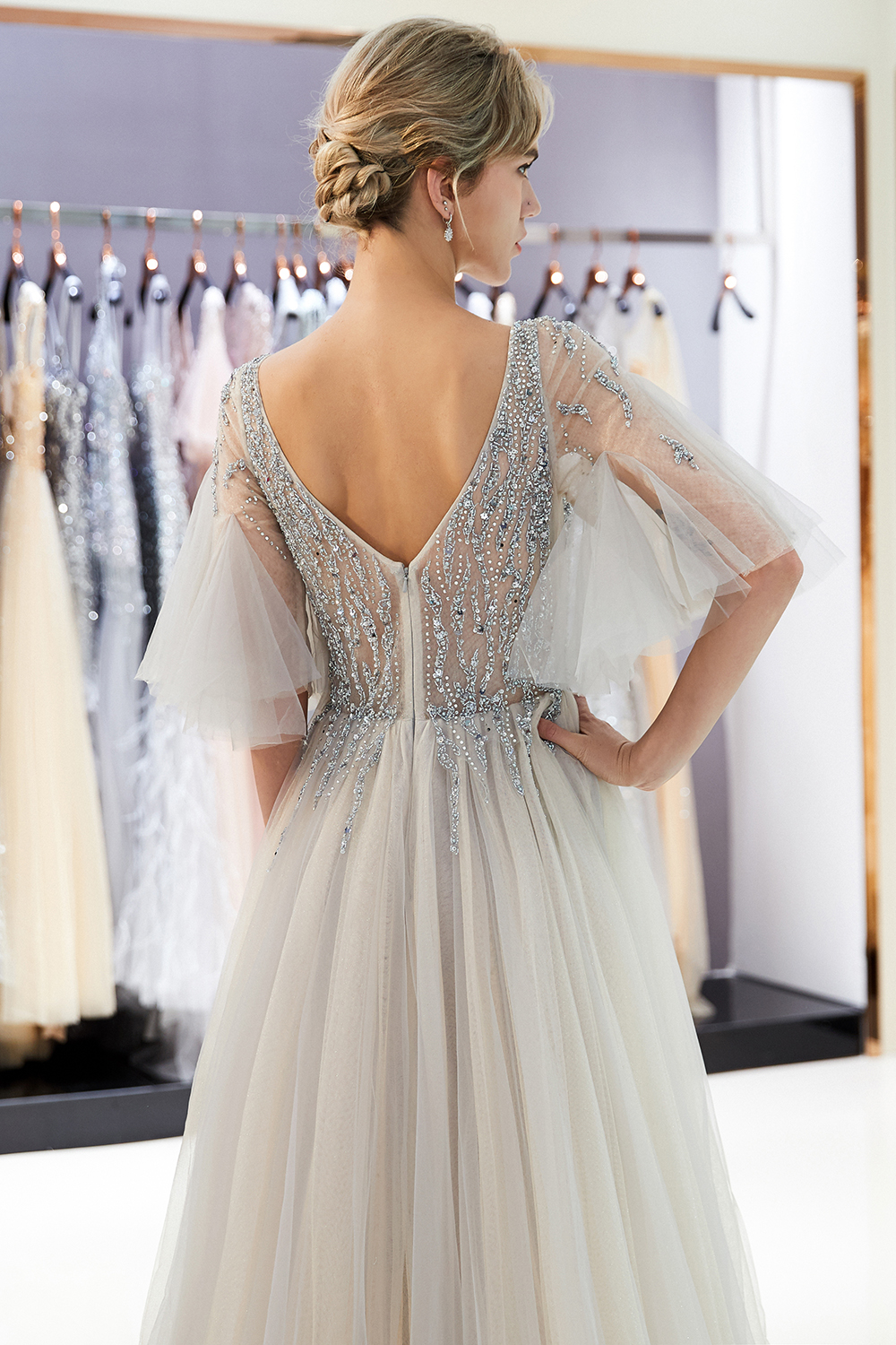 A-line V-neck Half-Sleeves Court Train Tulle Evening Gown With Beading 12