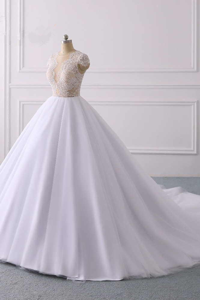 Ball Gown Jewel Neck Short Sleeves Floor-length Tulle Bridal Gown With Appliques 3