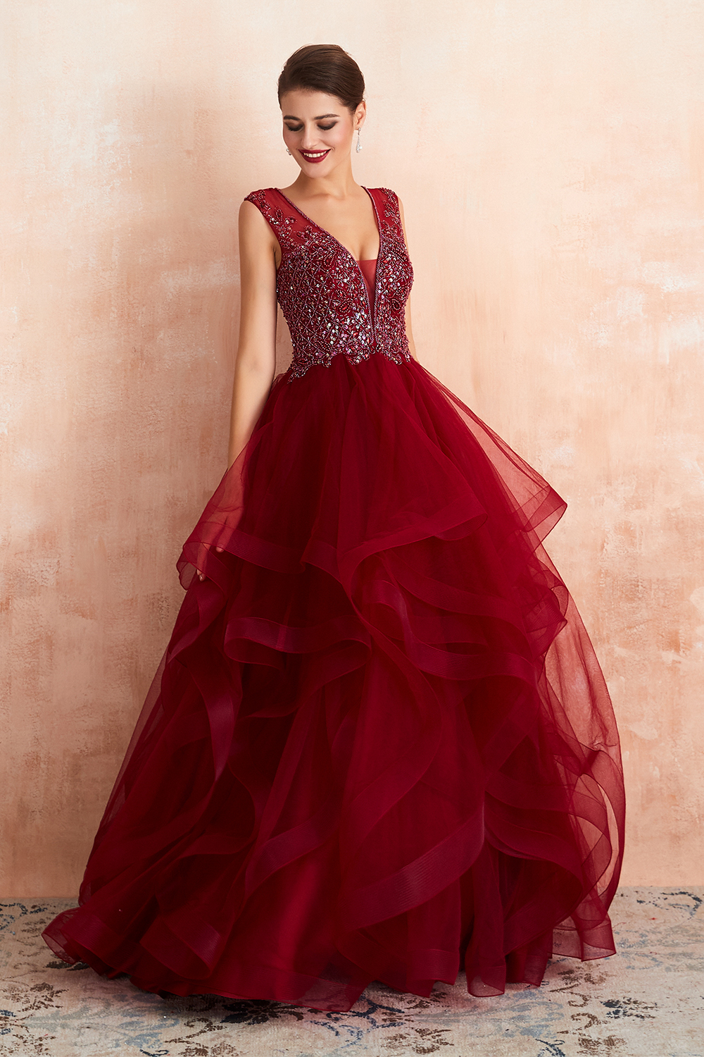 Ball Gown V-neck Sleeveless Sweep / Brush Train Tulle Evening Dress With Sequins 7