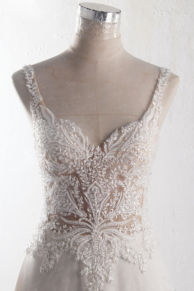 A-line Straps V-neck Sleeveless Floor-length Tulle Wedding Dress With Lace 4