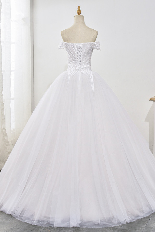 Ball Gown Off-the-shoulder Sweetheart Neck Sleeveless Floor-length Tulle Bridal Dress With Ruffles 2