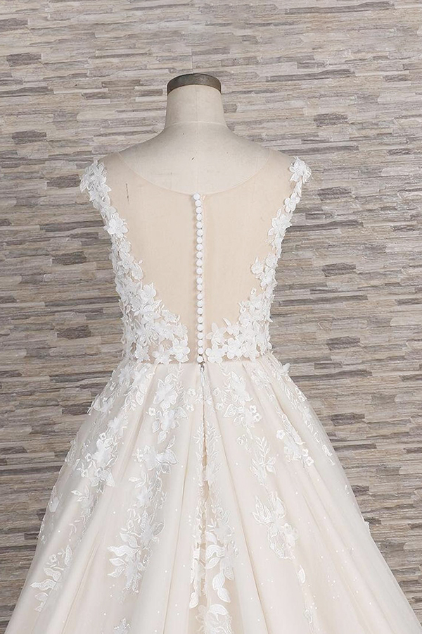 A-line Jewel Neck Sleeveless Chapel Train Tulle Bridal Gown With Appliques 6