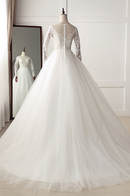 A-line Jewel Neck Long Sleeves Floor-length Tulle Bridal Gown With Appliques 2