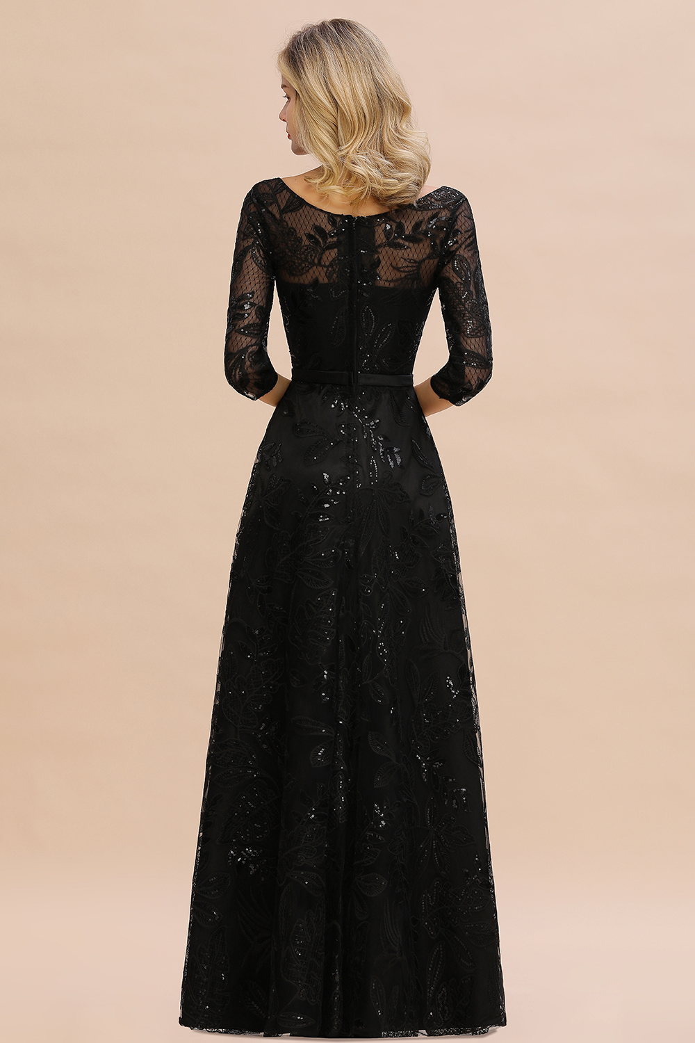 A-line Jewel Neck 3/4-Length Sleeves Floor-length Tulle Evening Dress With Sequins 4