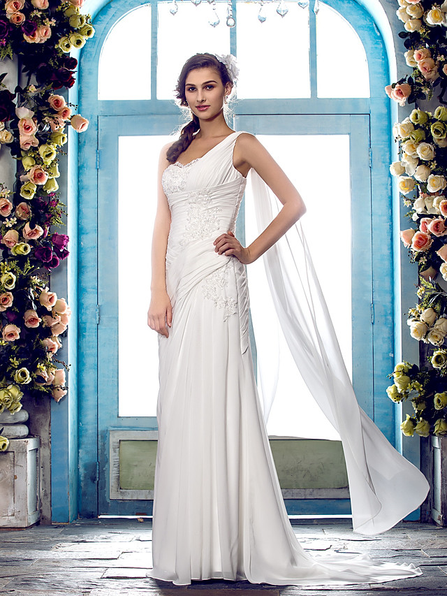 Column Straps One Shoulder Sweep / Brush Train Tulle Bridal Gown With Lace 3