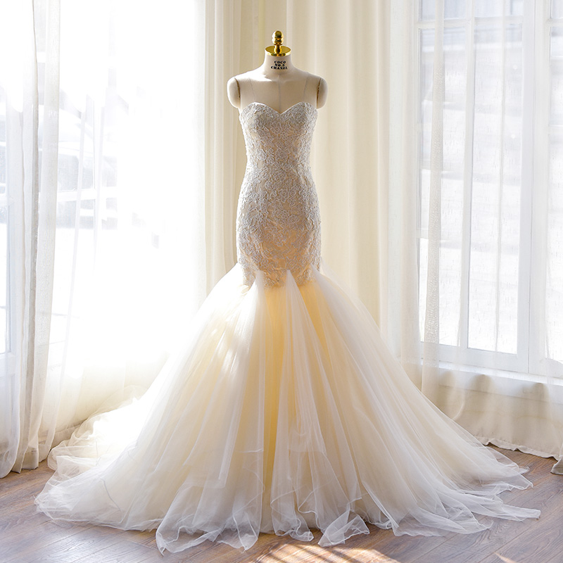 Mermaid Sweetheart Neck Sleeveless Court Train Tulle Bridal Attire With Lace 3