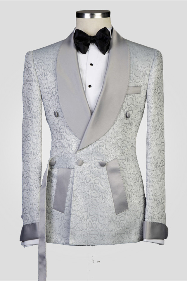Silver Double Breasted Men's Suit with Shawl Lapel for Wedding 1