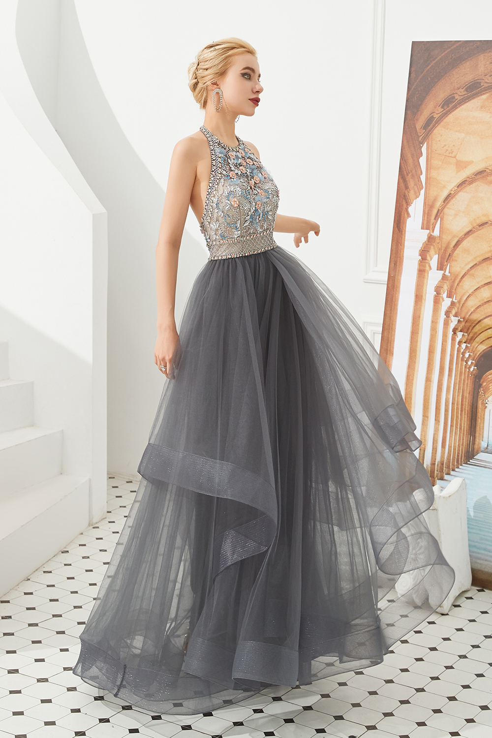 Ball Gown Halter-neck Sleeveless Sweep / Brush Train Tulle Bridal Attire With Crystal 6