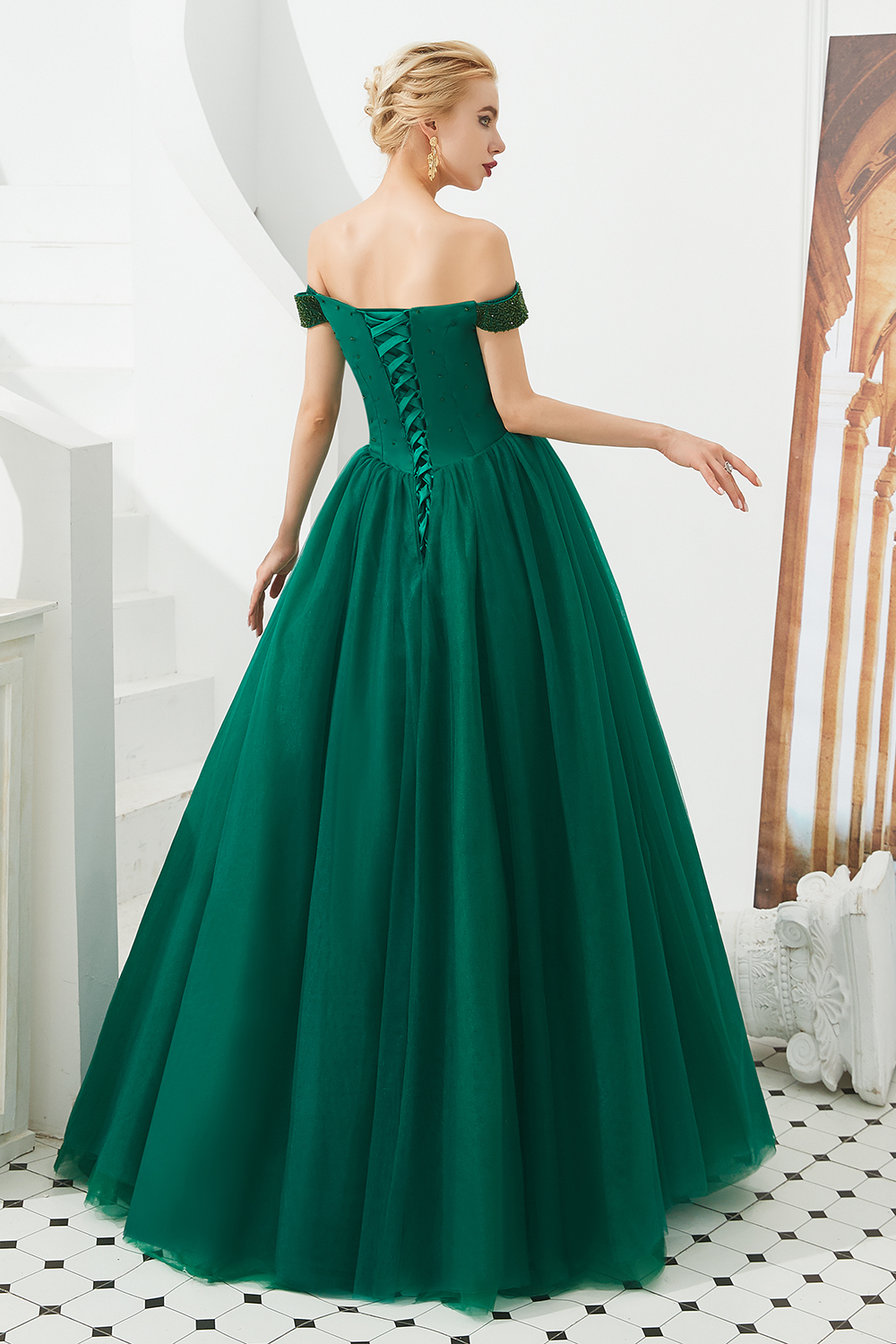 Off-the-shoulder Cap Sleeves Sweep / Brush Train Tulle Formal Dress With Beading 2