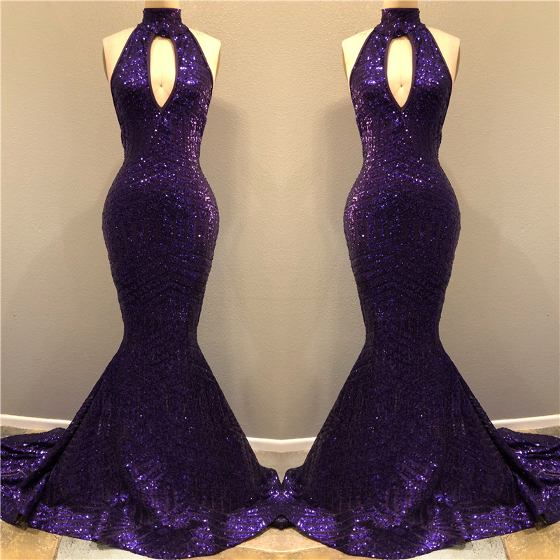 Mermaid Halter-neck Sleeveless Sweep / Brush Train Evening Dress With Sequins 2